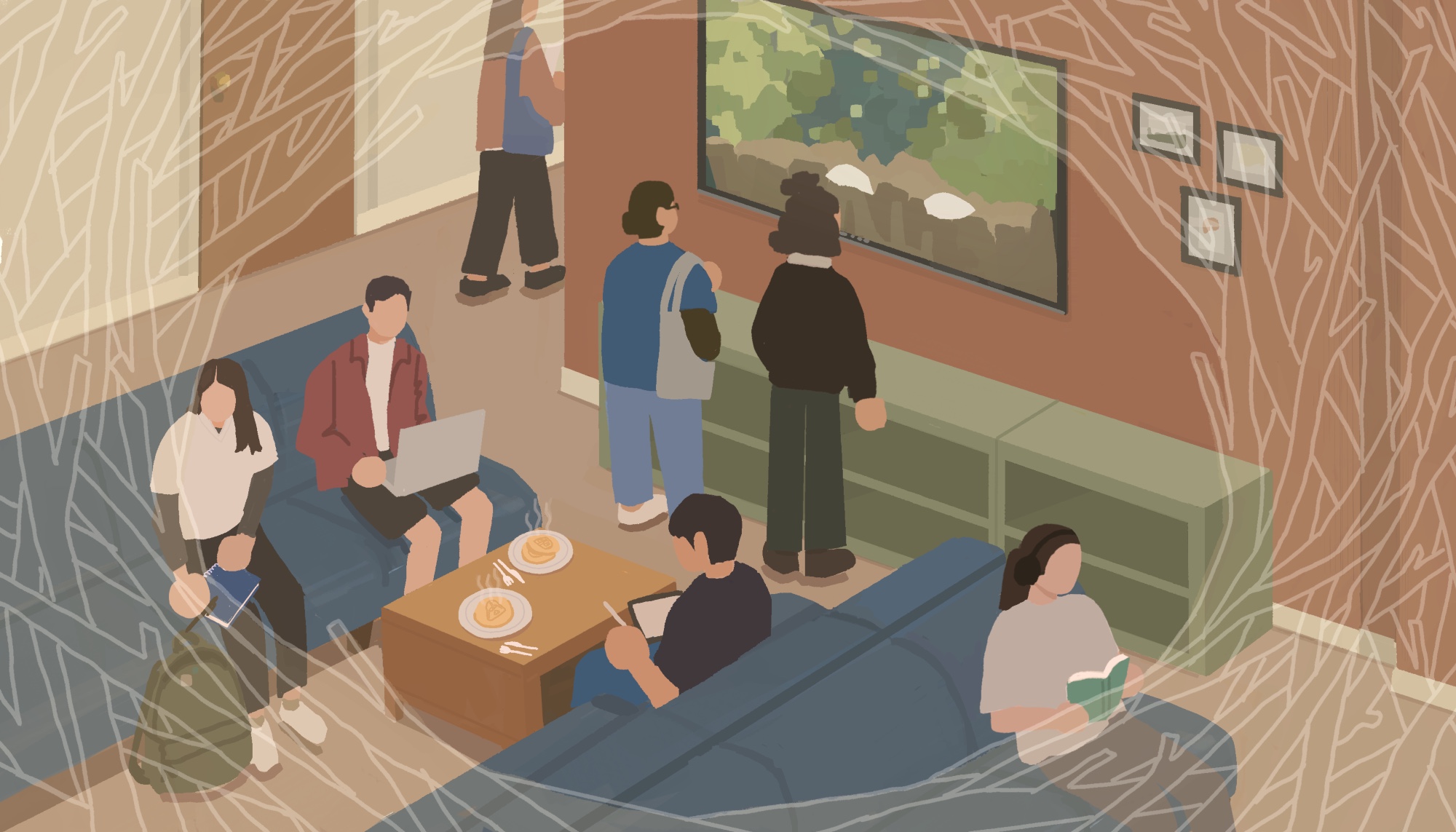 An illustration of students hanging out in the main area of the Native Nest at UC Davis. There are blue couches scattered and a small table in the center with Star Wars waffles. The TV monitor shows a 24 hour eagle egg cam. There is a faint outline of branches framing the illustration.