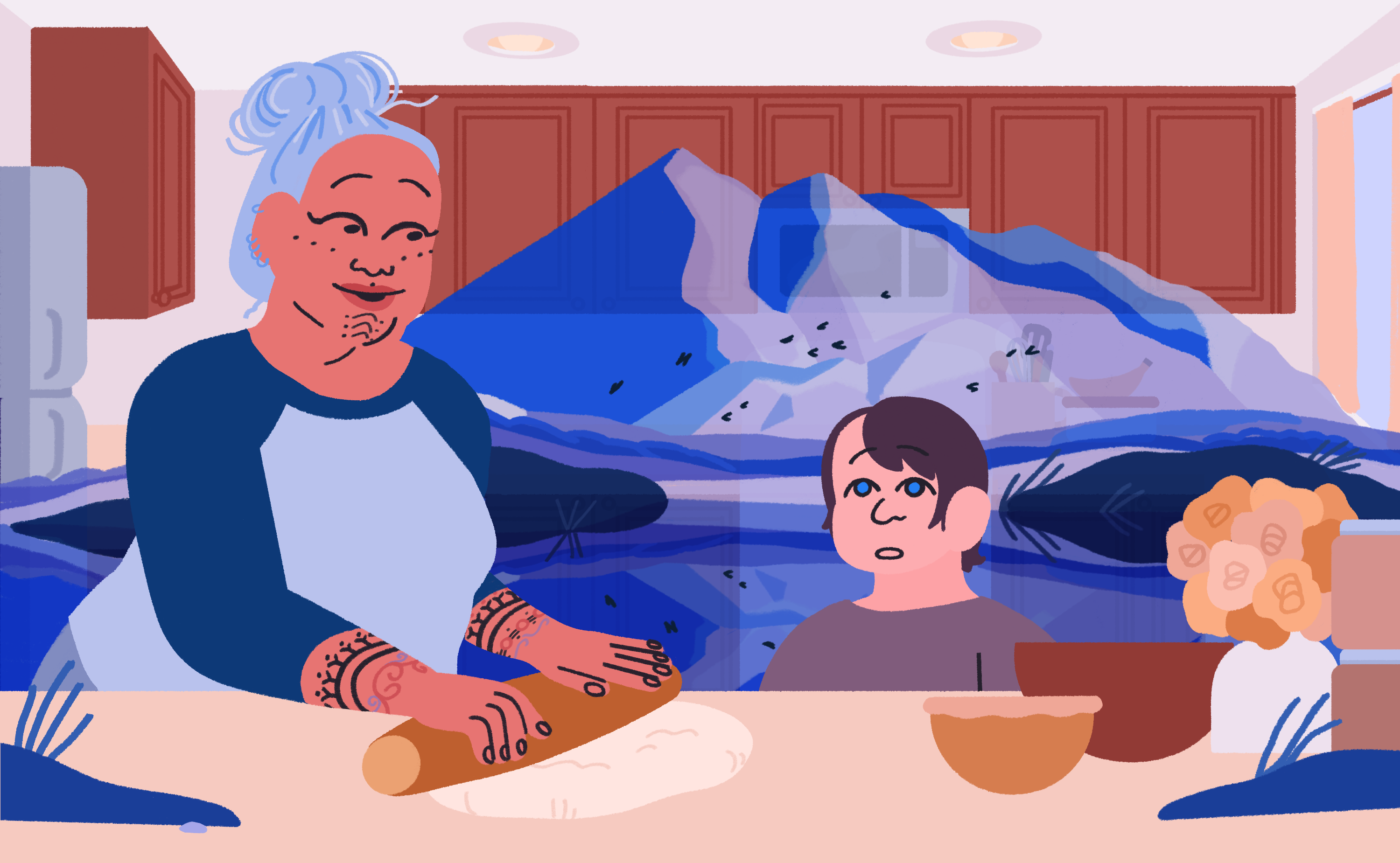 An illustration of an older woman making bread in a kitchen with a little boy. In the background as an overlay, there are blue mountains.