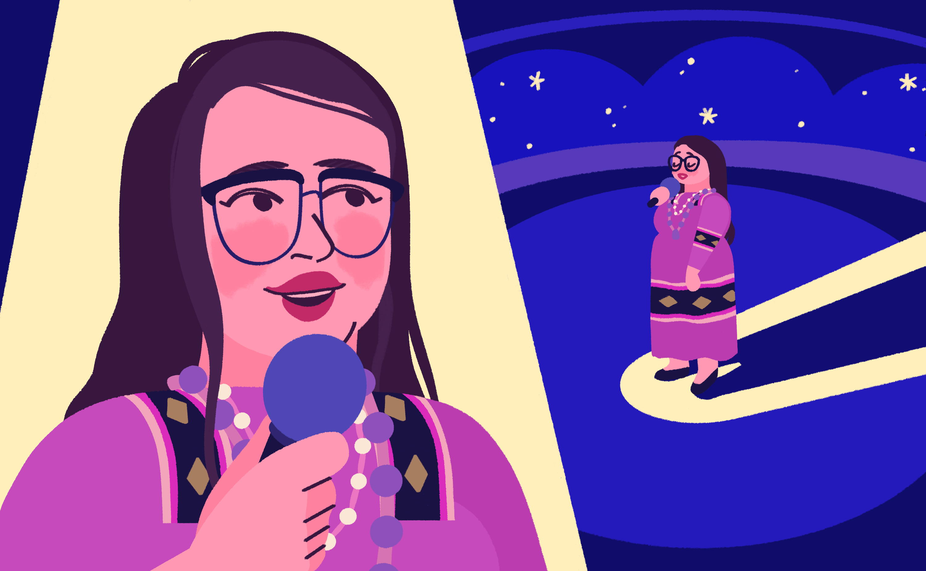 Illustration of an indigenous singer in a blue stage with star, the singer is wearing a purple dress and glasses