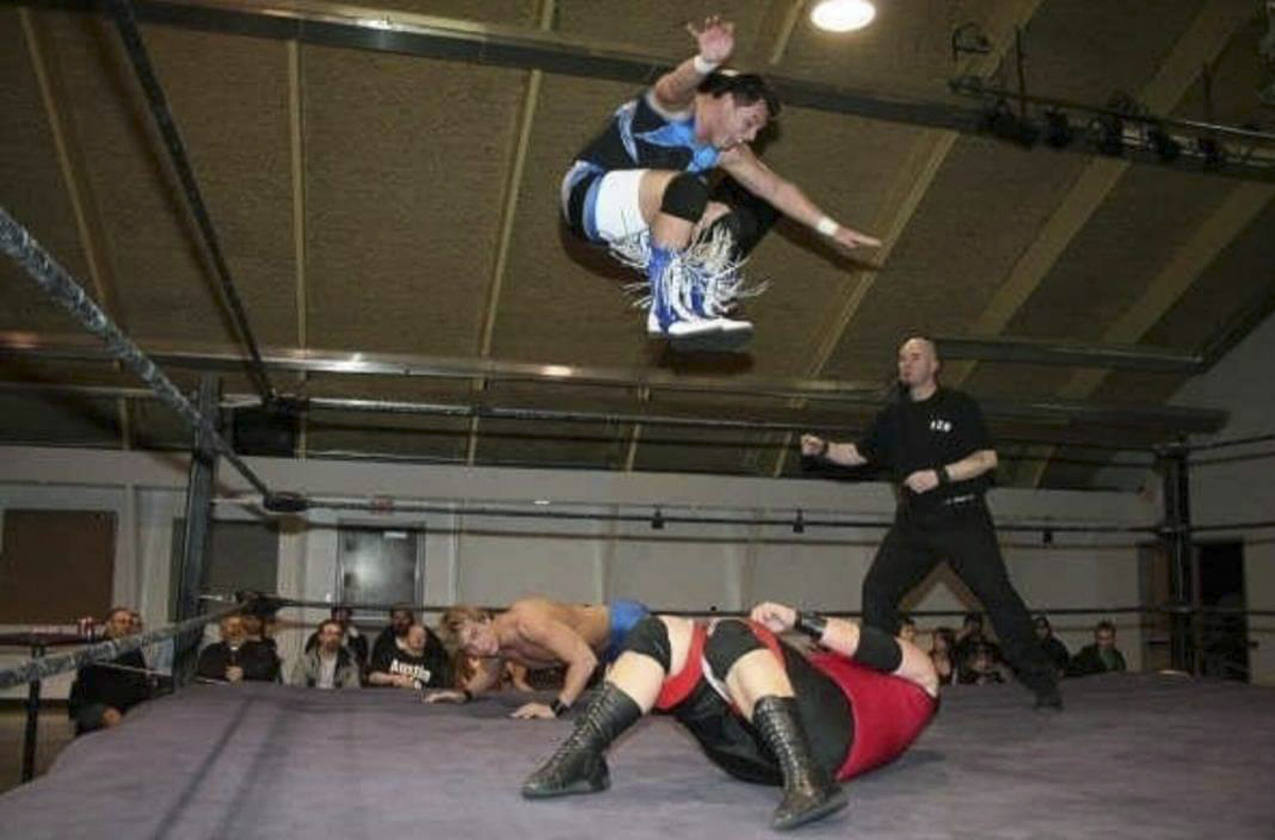 Stefan Richard in mid-air after flying off the top rope.